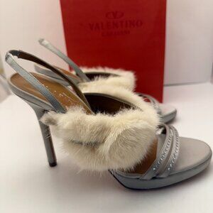 RARE! Valentino Garavani Silver Satin Mink Fur Band Heels With Rhinestones Sz 37